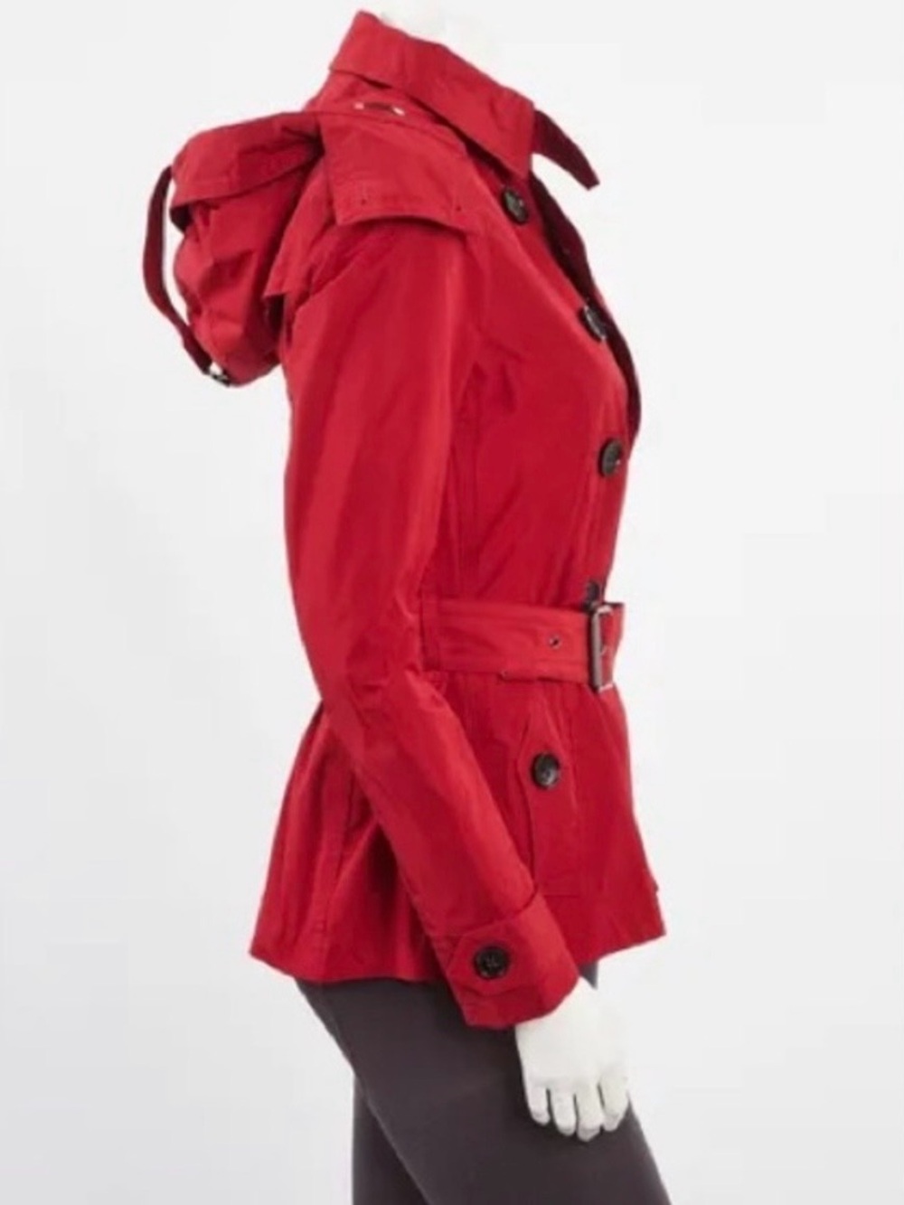 Burberry Balmoral Red Short Trench Coat Hooded Belted Jacket US 14 EUC - Picture 3 of 16